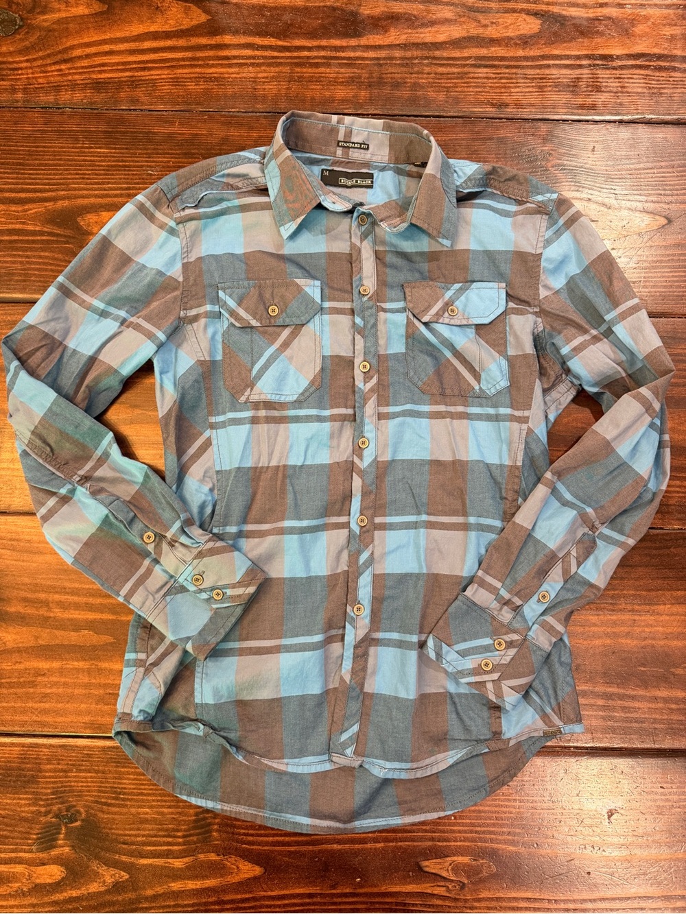 Buckle Black Plaid Button-Up Shirt in Light Blue and Grey